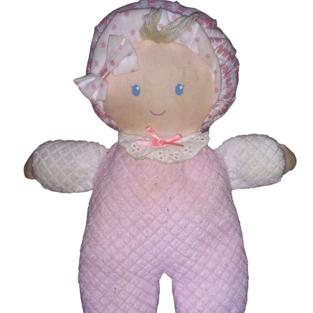 EDEN Stuffed Baby Doll Pink Terrycloth Waffle Pajamas Plush Polka Dot Bow Bonnet